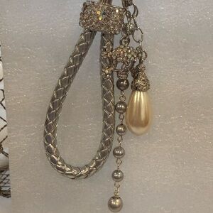 Silver Braided Skull & Pearl Keychain - Rhinestone Punk Glam Purse Charm - New